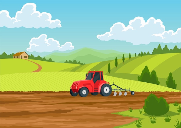 Agriculture farming landscape Countryside land Tractor plowing the field on rural landscape background Farm life soil cultivation process Vector cartoon illustration