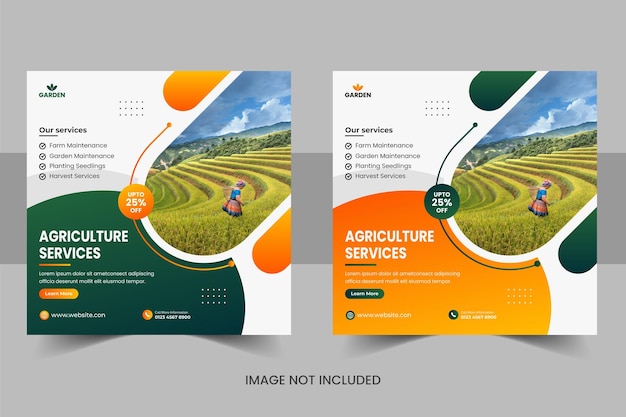 Agriculture farming service social media post banner or lawn mower gardening landscaping banner