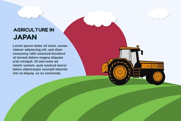 Agriculture in Japan concept banner with tractor field and text area farming and cultivation