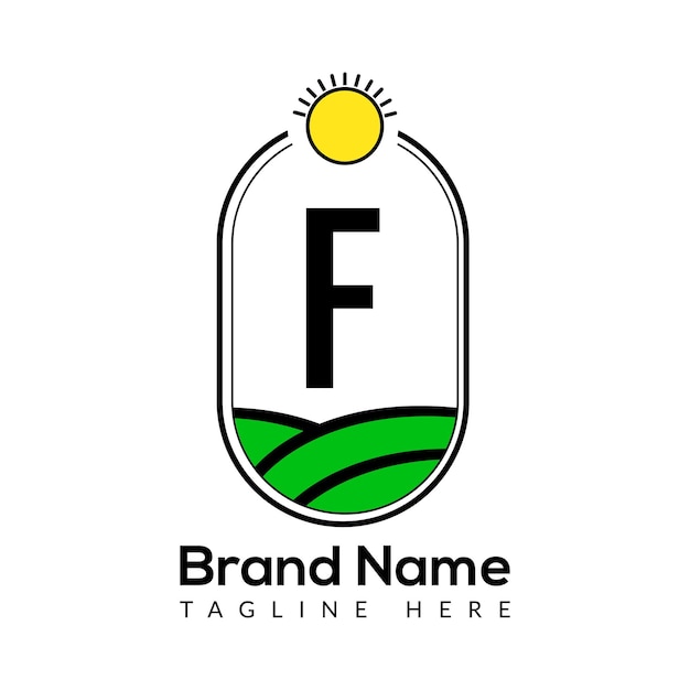 Agriculture Template On F Letter. Farmland Logo, Agro Farm, Eco farm logo design with sun icon Conce