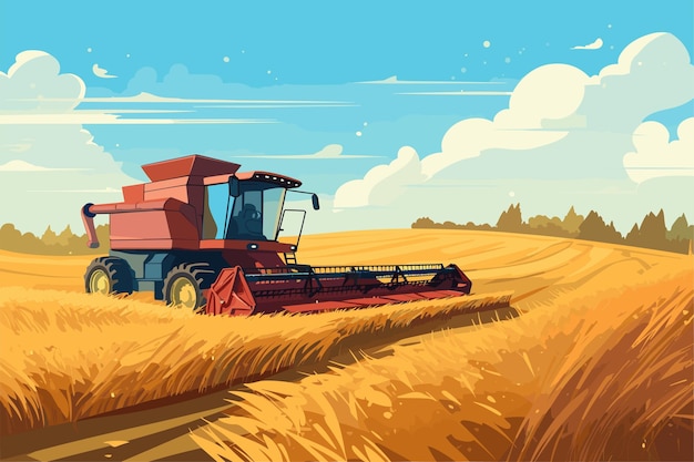 Agriculture tractor and harvester working in the field harvesting sunny day vector flat illustration