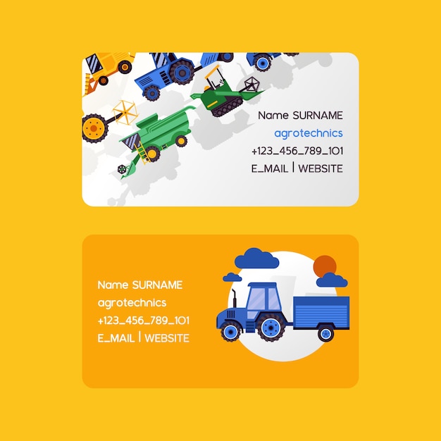 Agrotechnics set of business cards. Harvesting machines vector illustration. Equipment for agriculture. Workers on industrial farm vehicles