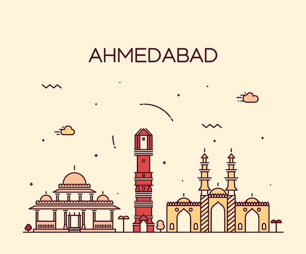 Ahmedabad skyline, detailed silhouette. Trendy vector illustration