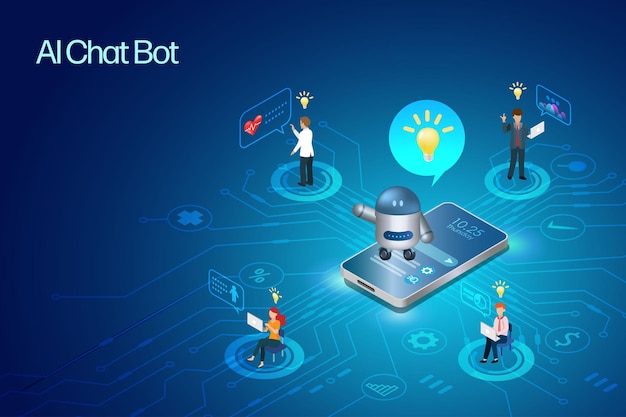 Ai chat bot on smartphone answer users question with smart solution idea Artificial Intelligence robot answer users question generate smart solutions in varies categories 3D vector