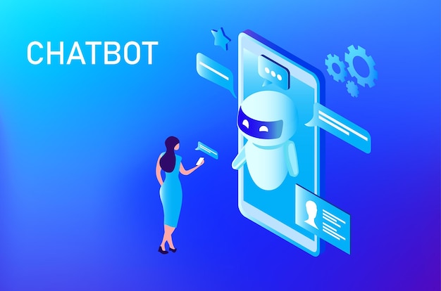 Vector ai chat bot technology concept people chatting with robot asking questions and receiving answers