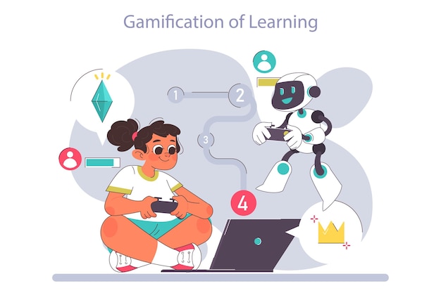 Vector ai in children education little school girl gaining knowledge with help