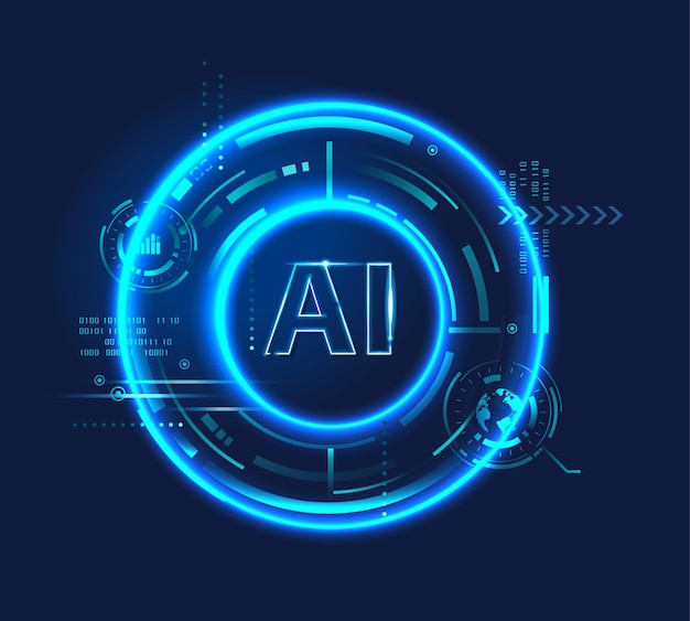 AI Letter Neon light (Artificial Intelligence) logo, neural network, cybernetics, digital Hud futuristic and deep learning.