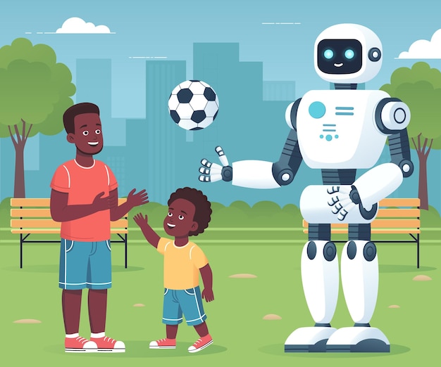 Vector ai robot playing a ball game with kid in a park