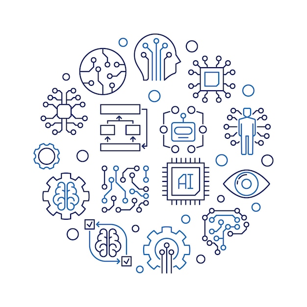 AI technology round creative vector outline illustration