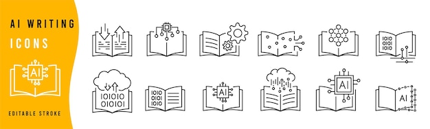 AI text writing icon set in line style machine learning digital AI technology illustration