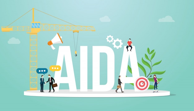 Aida attention interest desire action sales funnel marketing business concept with team people