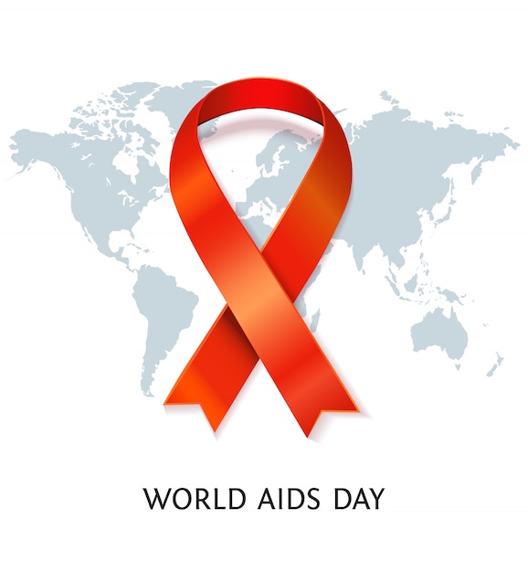 AIDS awareness red satin ribbon on world map background.  illustration of symbol for solidarity with HIV-positive people