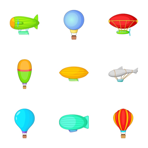 Air balloon and airship icons set, cartoon style