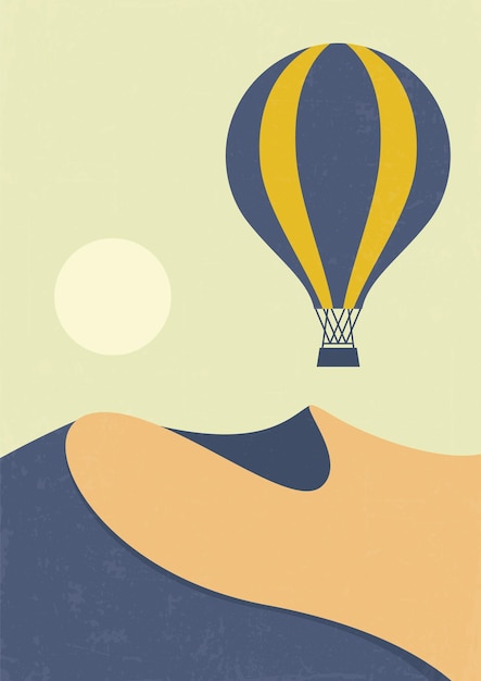 Air balloon in desert sky sunny dunes illustration poster Cappadocia hot air balloon flight