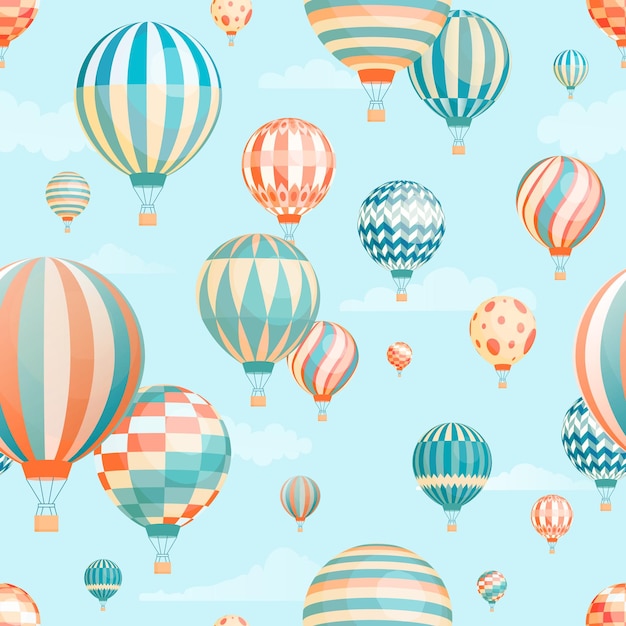 Air balloons in sky vector seamless pattern. Flying aircrafts on blue background. Aerial transportation. Hot air ballooning, aerostat transport in flight wrapping paper, wallpaper textile design.