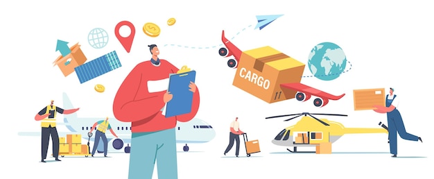 Air Cargo Transportation, Aircraft Logistics, Delivering Goods by Airplane, Helicopter or Drone. Characters Loading Boxes on Plane and Quadcopter for Shipping. Cartoon People Vector Illustration