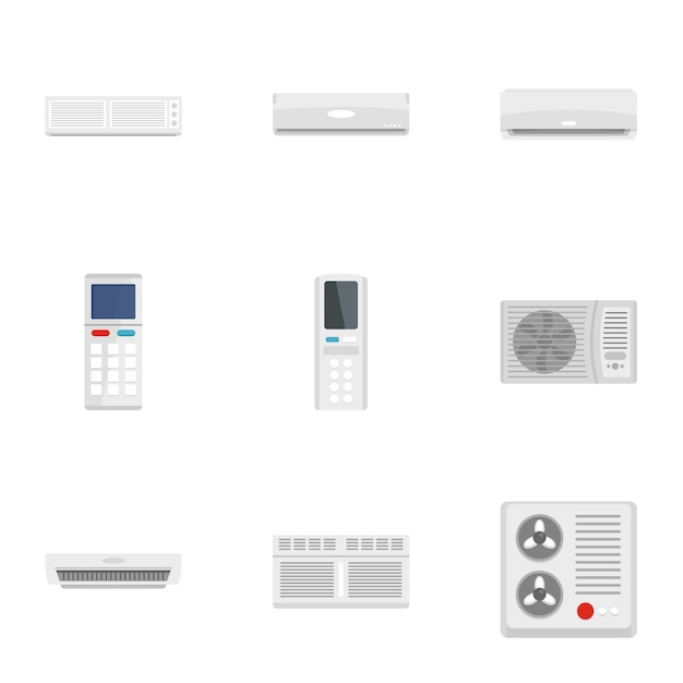 Air conditioner icon set. Flat set of 9 air conditioner icons 