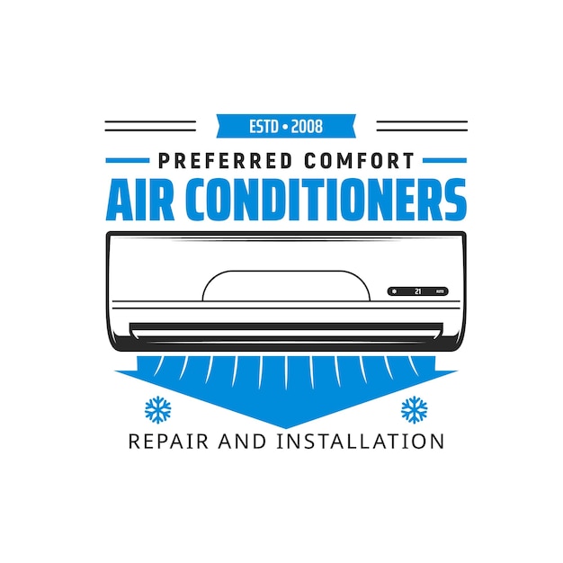 Air conditioner installation service icon House climate control home cooling and heating ventilation system install repair and maintenance service vector emblem icon with conditioner split unit