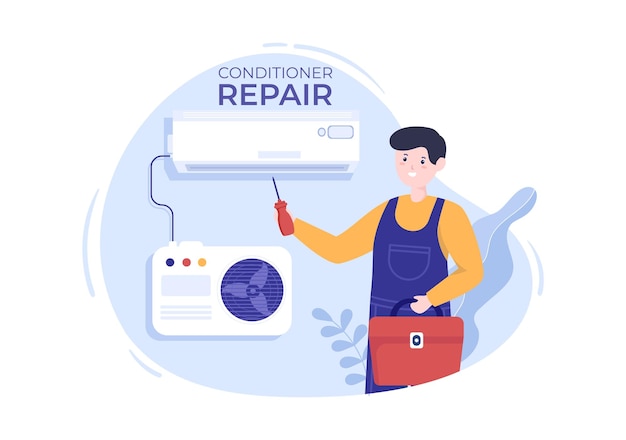 Vector air conditioner repair or installation illustration with unit breakdown maintenance service