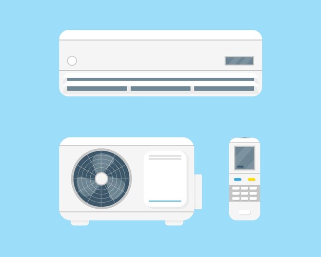 Vector air conditioner set vecor illustration on blue background. air conditioning unit sistem and remote control.