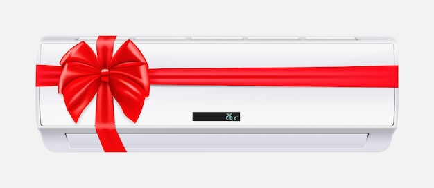 Air conditioner with red ribbon and bow 3D rendering Gift concept Realistic vector illustration isolated on white background