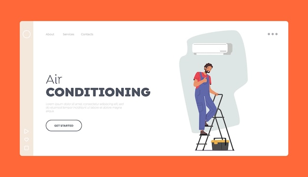 Air Conditioning Landing Page Template Specialist Character in Uniform Show Thumb Up after Conditioner Installation