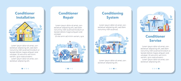 Air conditioning repair and instalation service mobile application banner set. Repairman installing, examining and repairing conditioner with special tools and equipment. Isolated vector illustration