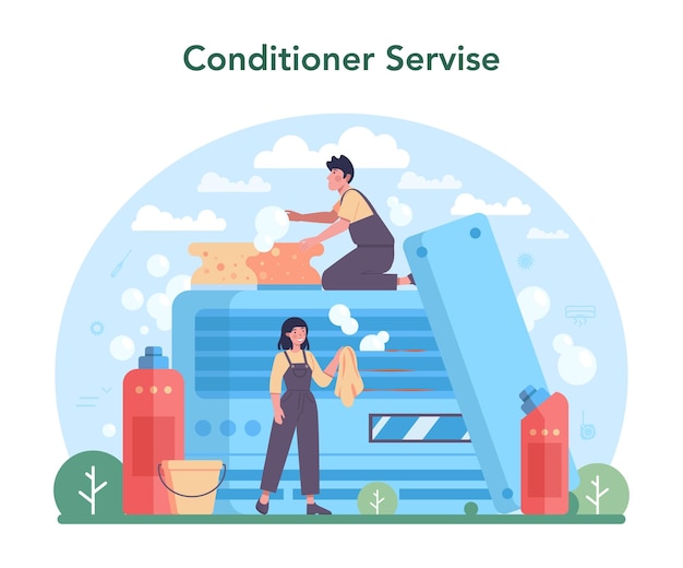 Air conditioning repair and instalation service Repairman installing examining and repairing conditioner with special tools and equipment Isolated vector illustration