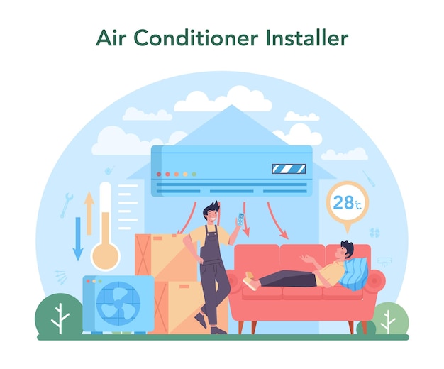 Air conditioning repair and instalation service Repairman installing examining and repairing conditioner with special tools and equipment Isolated vector illustration