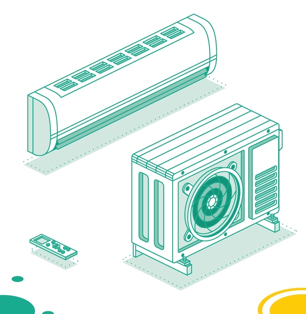 Air Conditioning System Isometric Outline Concept Outdoor Unit with Indoor and Remote Controller