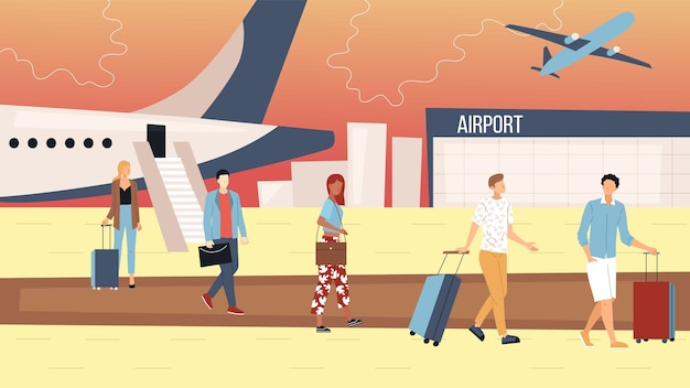 Vector air flights concept. people exit from airplane and go towards airport terminal. group of business people and tourists with luggage. men and women near arrived plane. cartoon flat vector illustration.