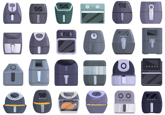 Air fryer icons set cartoon vector Fry bakery