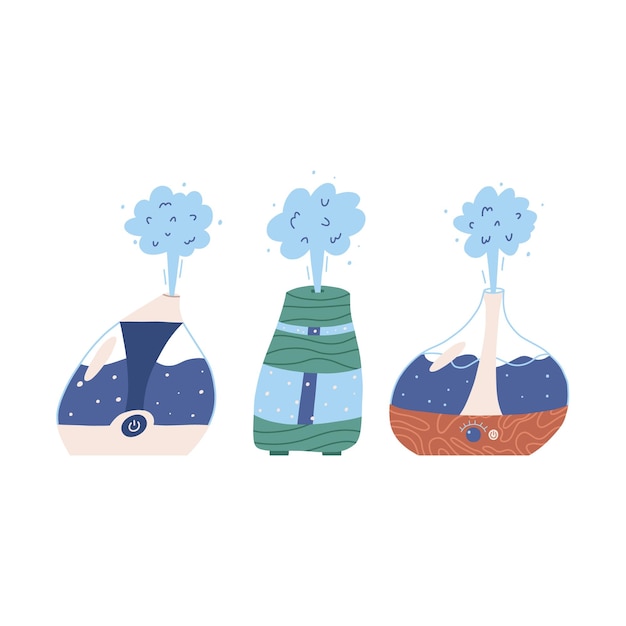 Air purifier set cartoon flat vector illustration Cute collection of aroma diffusers with steam