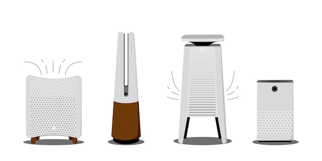 Air purifiers and humidifiers set Home devices for air filtration Vector illustration in a flat