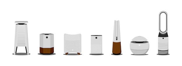 Vector air purifiers and humidifiers set home devices for air filtration vector illustration in a flat