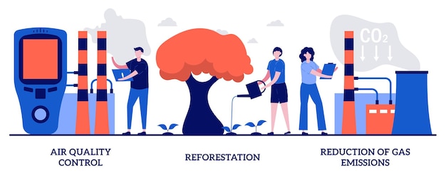 Air quality control, reforestation, reduction of gas emissions concept with tiny people. Containment of global warming abstract vector illustration set. Improve the quality of fresh and clean air.