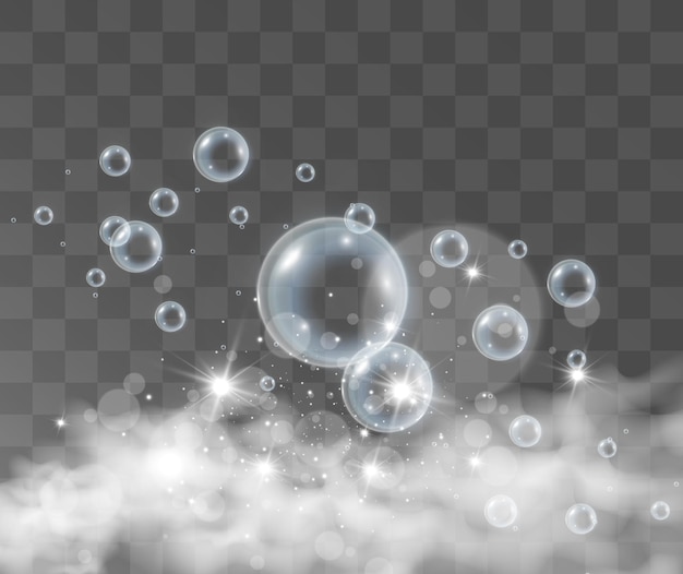 Air soap bubbles on transparent illustration of bulbs