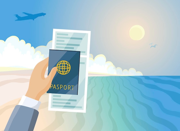 Air ticket and passport in hand Summer paradise beach vacation concept