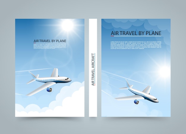 Vector air travel by plane, modern airplane sun banners, cover a4 size, airplane taking off at sunset, airline transportation, vector illustration