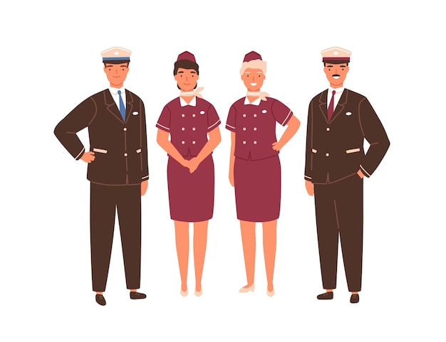 Aircraft captain, pilot assistant and stewardesses standing in uniform. Professional airplane staff or crew. Team of smiling airline workers isolated on white background. Flat vector illustration.