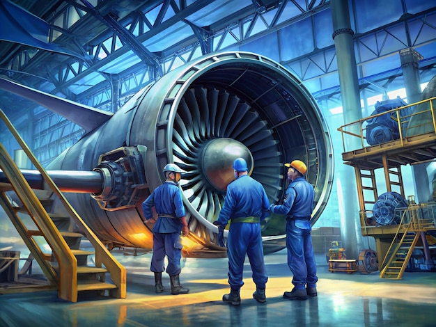 Aircraft Engine Maintenance Three Mechanics Inspecting a Large Aircraft Engine