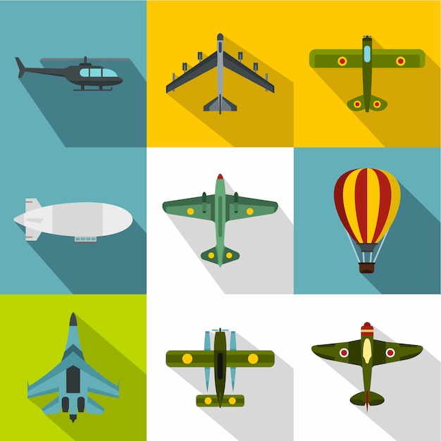 Aircraft icon set, flat style