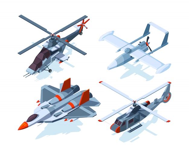 Aircraft isometric. Warplanes and helicopter isolate