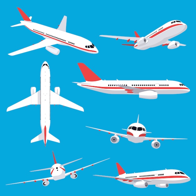 Aircraft transport. Passenger flight jet airplane, aviation vehicles, flying airline airplanes   illustration icons set. Plane aviation, trip jet, wing flight transport