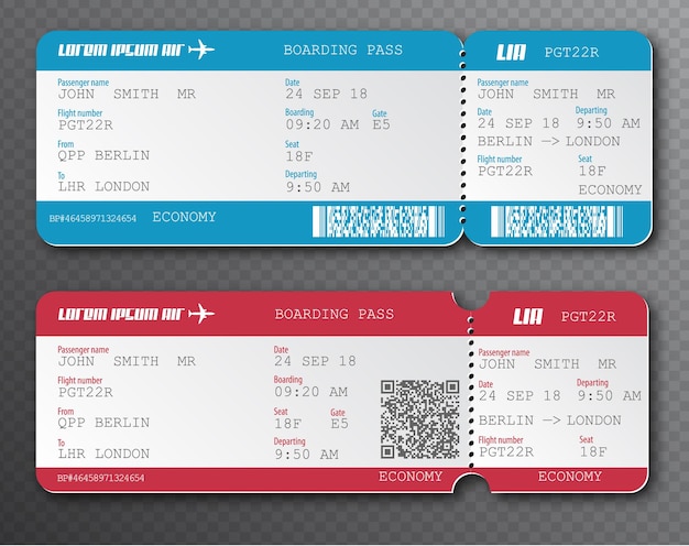 Vector airline boarding pass ticket tear-off element set, isolated on transparent background. vector illustration. red and blue passenger flight card with qr code. traveling by plane.