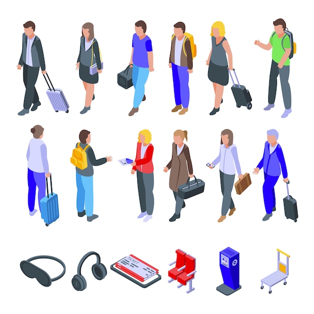 Airline passengers  set. Isometric set of airline passengers   for web design isolated on white background