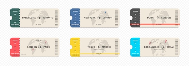 Airline ticket templates Plane tickets illustration Flight boarding pass collection Airway ticket set Airline coupons Vector graphic