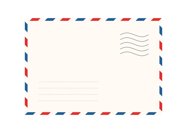 Airmail envelope frame with postage stamps Vintage air mail postcard back template with diagonal blue and red stripes Travel post card backside Vector illustration isolated on white background