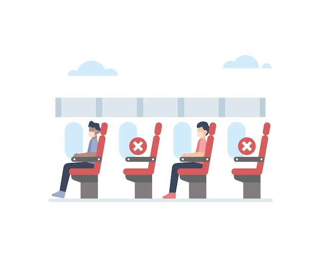 Airplane applying social distancing protocol by emptying a chair between passenger to prevent virus transmission illustration