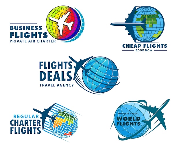 Airplane flights vector icons flight tours emblems